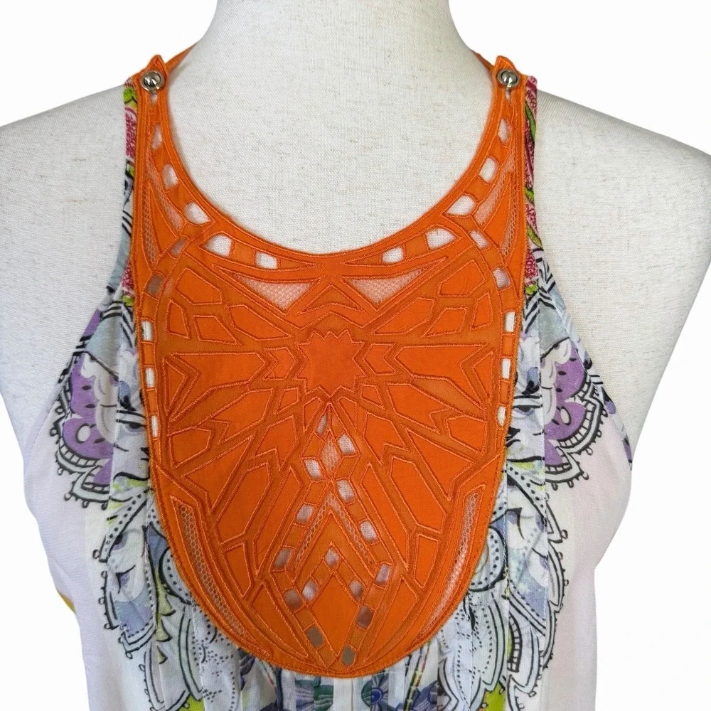 Roberto Cavalli Silk Halter Dress US 6/ 42 Mixed Print Crochet Bib Euro-Summer